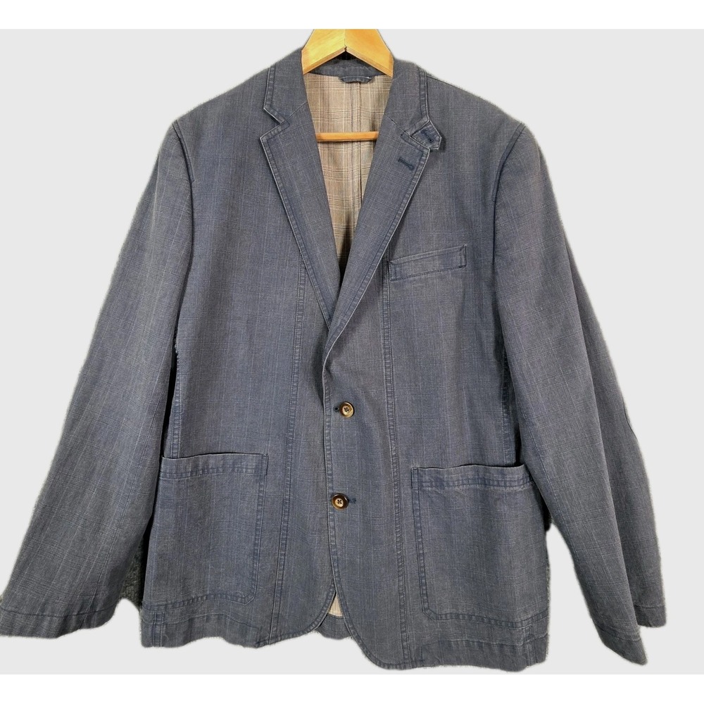 Johnston & Murphy‎ Blazer Mens M Blue Gray Plaid Sport Coat Preppy Elbow Patches